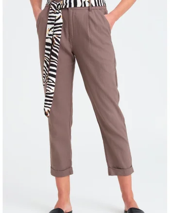 Pantaloni capri din amestec de in - Maro taupe