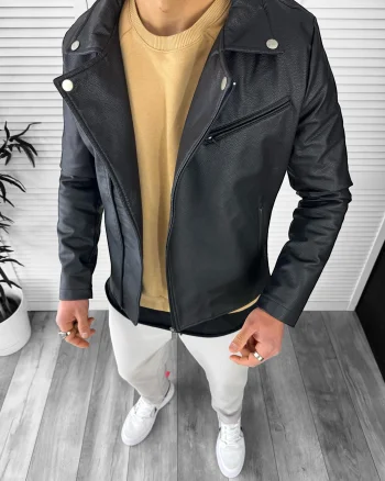 Geaca barbati neagra piele ecologica B7095