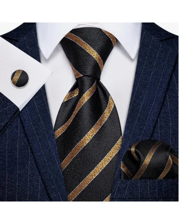 Cravata neagra cu auriu + batista + butoni - matase -- model 891