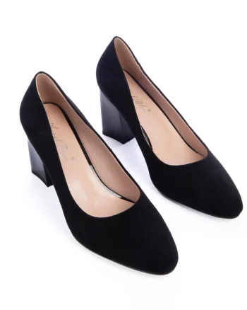 Pantofi Eleganti din Piele Ecologica cu model si toc Gros CRL0725 negru suede