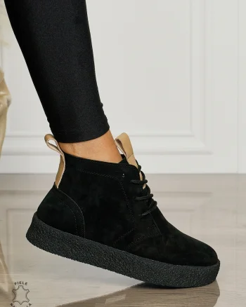 Ghete Dama Piele Naturala INTOARSA IMBLANITE CRL1457 NEGRU SUEDE