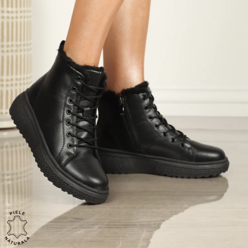 Ghete Dama IMBLANITE piele naturală cu talpă groasă CRL1448 NEGRU