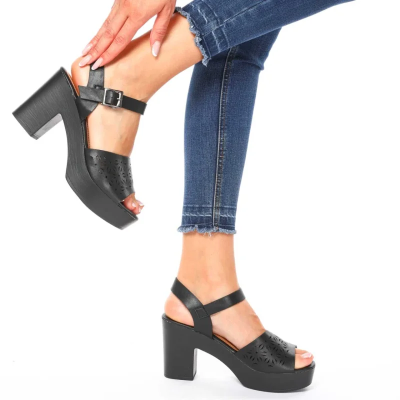 Sandale Elegante cu Toc din Piele Ecologica CRL0215 NEGRU