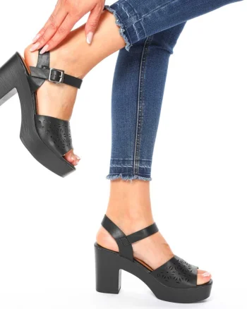 Sandale Elegante cu Toc din Piele Ecologica CRL0215 NEGRU