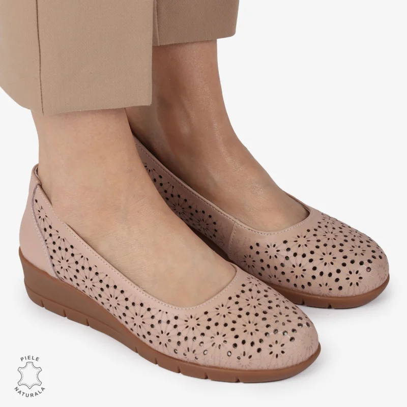 Balerini dama din Piele Naturala cu talpa groasa si Perforati CRL01381 ROZ