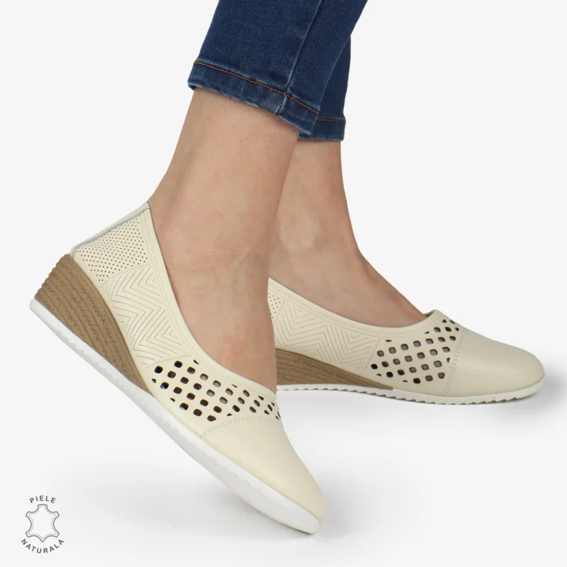 Pantofi Perforati Dama Piele Naturala Slip-on CRL0077 BEIGE