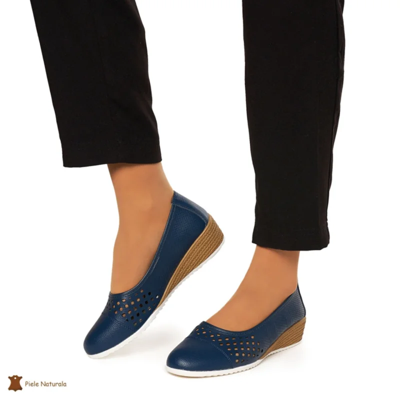 Pantofi Perforati Dama Piele Naturala Slip-on CRL0077 BLEUMARIN