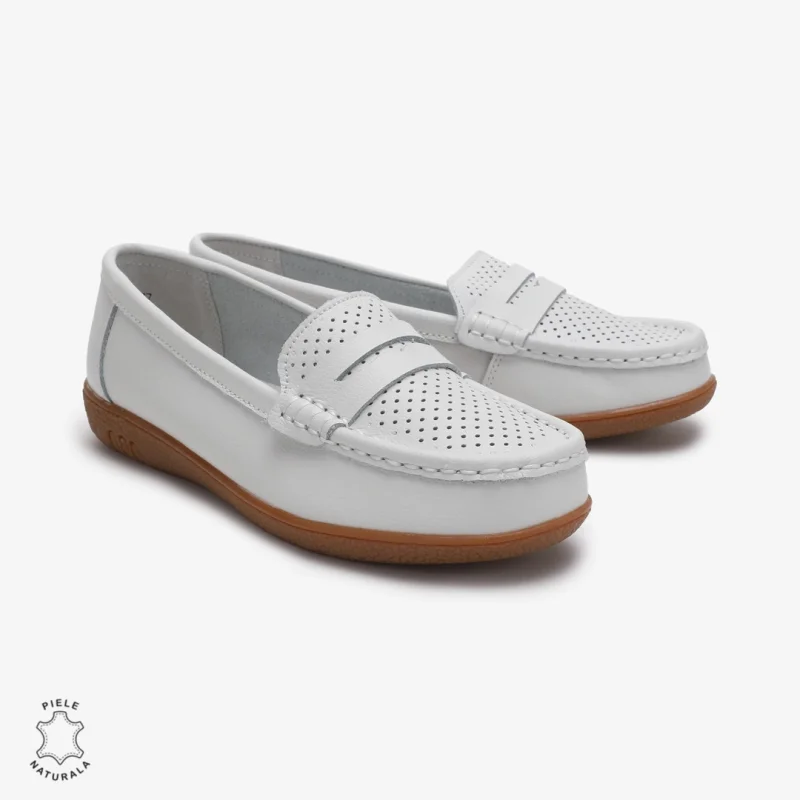 Mocasini dama din Piele Naturala CRL0712 ALB