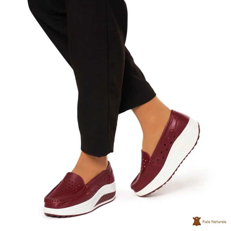 Mocasini Dama Piele Naturala perforati cu talpa groasa CRL0079 BORDO