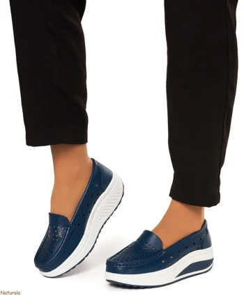 Mocasini Dama Piele Naturala perforati cu talpa groasa CRL0079 NAVY