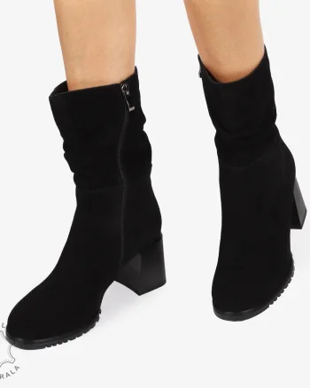 CIZME PIELE NATURALA INTOARSA cu toc Gros CRL1246 NEGRU