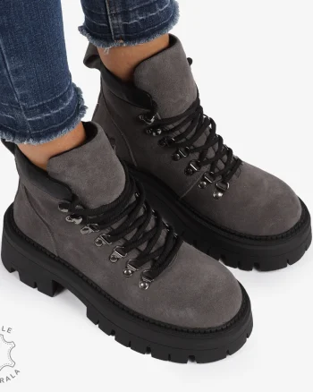Ghete DAMA din PIELE Naturala Intoarsa Tip Combat Boot CRL1240 GRI