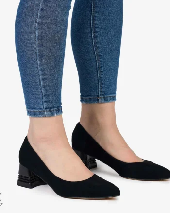 Pantofi Eleganți dama din Piele Naturala INTOARSA CU TOC MIC CRL0982 negru