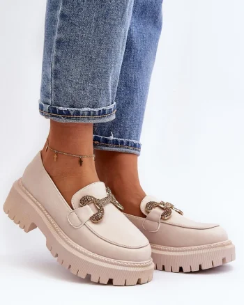 Mocasini DAMA din PIELE ECOLOGICA CU DETALIU AURIU CRL0975 CULOARE: Bej