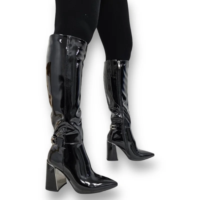 CIZME DAMA din PIELE Ecologica LACUITA cu FERMOAR CRL0924 CULOARE: Negru