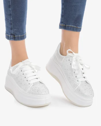SNEAKERS DAMA din PIELE ECOLOGICA Intoarsa CU STRAS CRL0863 ALB
