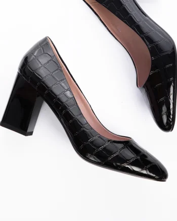 Pantofi Eleganti din Piele Ecologica cu model si toc Gros CRL0725 Negru