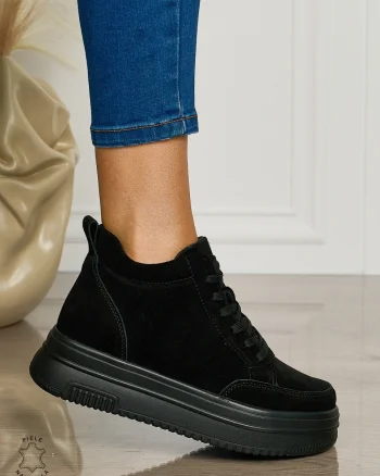 Ghete casual din piele naturală cu talpa solida CRL1510 NEGRU