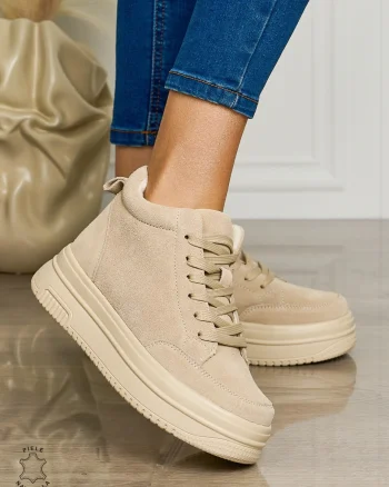 Ghete casual din piele naturală cu talpa solida CRL1510 BEJ