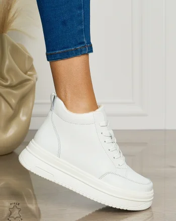 Ghete casual din piele naturală cu talpa solida CRL1510 ALB
