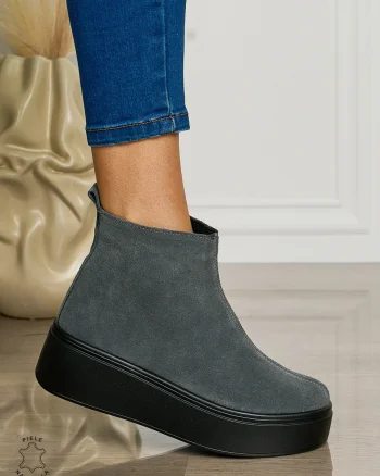 Ghete casual din piele naturală intoarsa cu talpa solida cu fermoar CRL1511 DKGRI