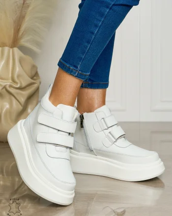 Ghete casual din piele naturală cu talpa solida cu Velcro si fermoar CRL1512ALB