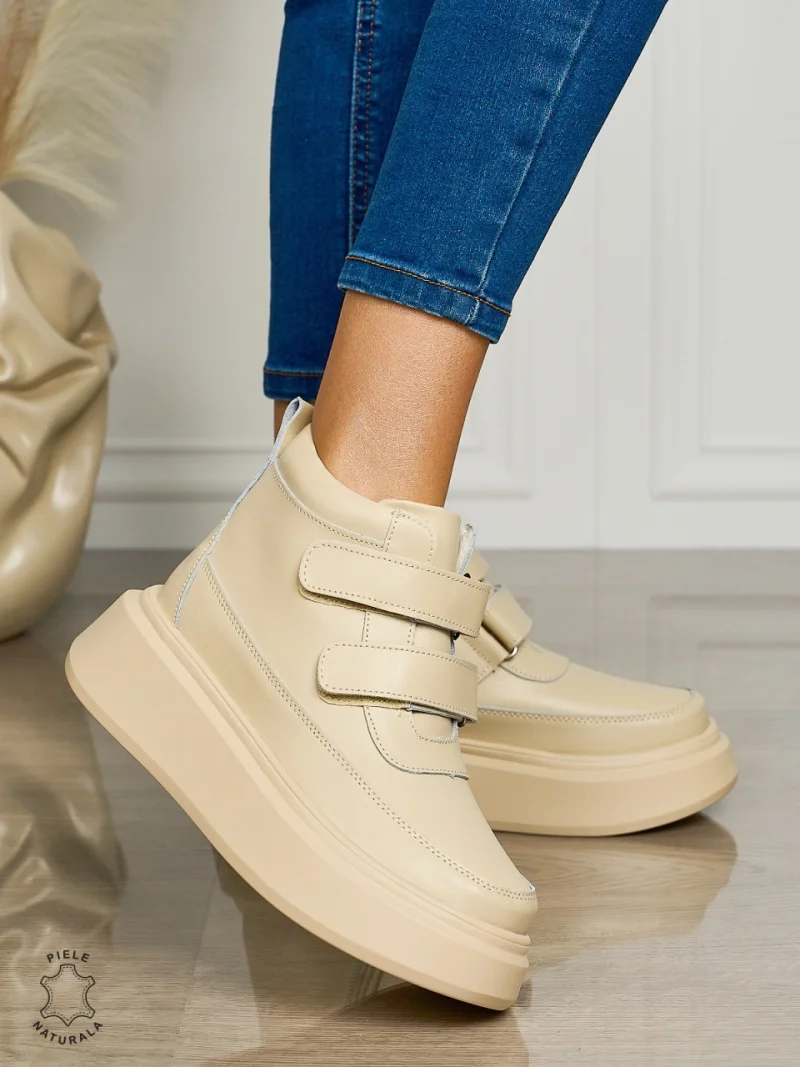 Ghete casual din piele naturală talpa solida cu Velcro si fermoar CRL1512 BEJ