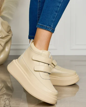 Ghete casual din piele naturală talpa solida cu Velcro si fermoar CRL1512 BEJ