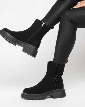 GHETE DAMA din PIELE ECOLOGICA cu fermoar si stras CRL1538 NEGRU