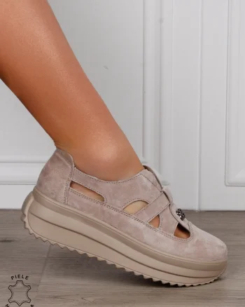 Sandale dama din Piele Naturala Intoarsa cu talpa inalta CRL1558 KHAKI
