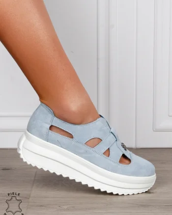 Sandale dama din Piele Naturala Intoarsa cu talpa inalta CRL1558 ALBASTRU