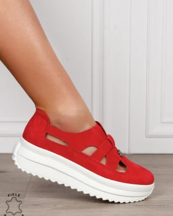 Sandale dama din Piele Naturala Intoarsa cu talpa inalta CRL1558 ROSU