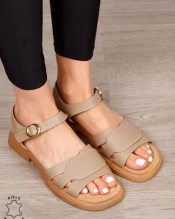 Sandale dama din Piele Naturala CU TOC MIC PATRAT CRL1559 KHAKI