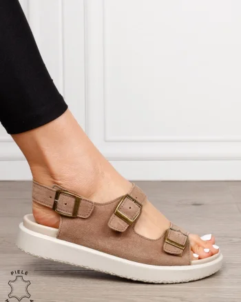 Sandale dama din Piele Naturala intoarsa cu talpa plata CRL1561 KHAKI