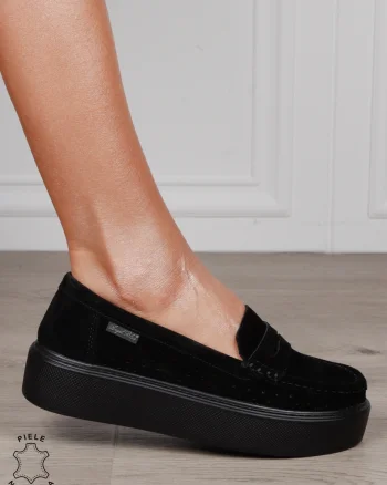 MOCASINI damă din piele naturală intoarsa cu talpa inalta CRL1580 NEGRU