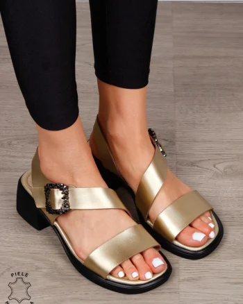 SANDALE Dama Piele Naturala cu toc patrat gros CRL1601 AURIU