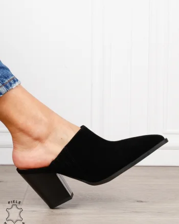 Pantofi dama eleganti cu toc gros si varf ascutit din piele naturala intoarsa CRL1609 Negru