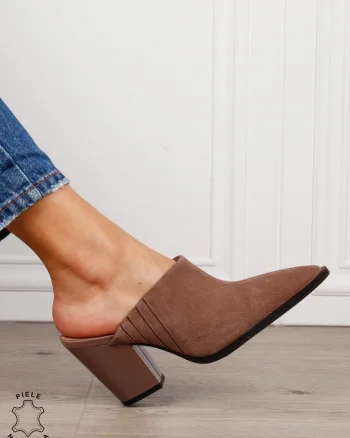 Pantofi dama eleganti cu toc gros si varf ascutit din piele naturala intoarsa CRL1609 KHAKI