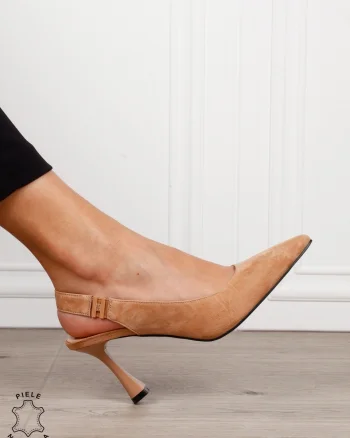 Pantofi dama eleganti cu toc special si varf ascutit din piele naturala intoarsa CRL1612 BEJ