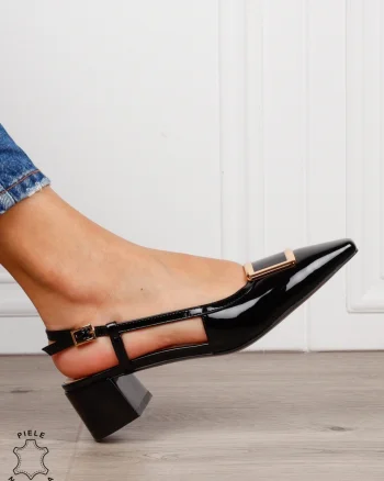 Pantofi dama eleganti din piele naturala cu toc gros mic CRL1615 Negru