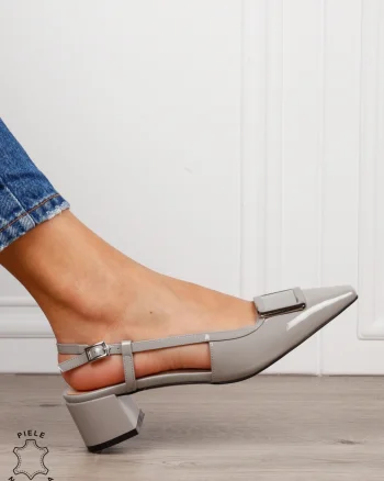 Pantofi dama eleganti din piele naturala cu toc gros mic CRL1615 Gri
