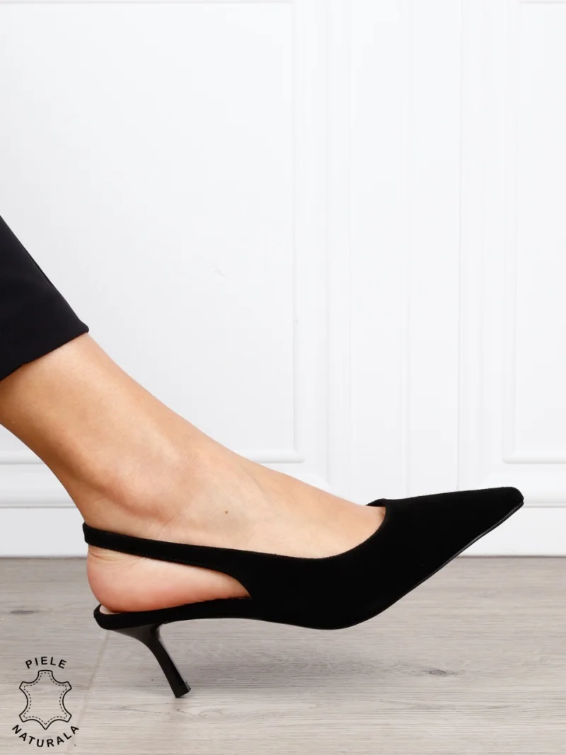 Pantofi dama eleganti din piele naturala Intoarsa cu toc subtire si varf ascutit CRL1616 NEGRU