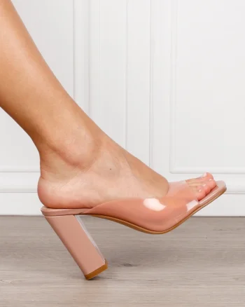 Pantofi dama eleganti din piele ecologica cu toc gros inalt CRL1620 BEJ
