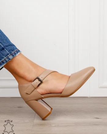 Pantofi dama eleganti din piele naturala cu bareta si toc gros CRL1634 Khaki