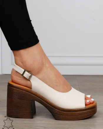 Sandale dama din Piele Naturala model clasic cu toc gros si inalt CRL1641 BEJ