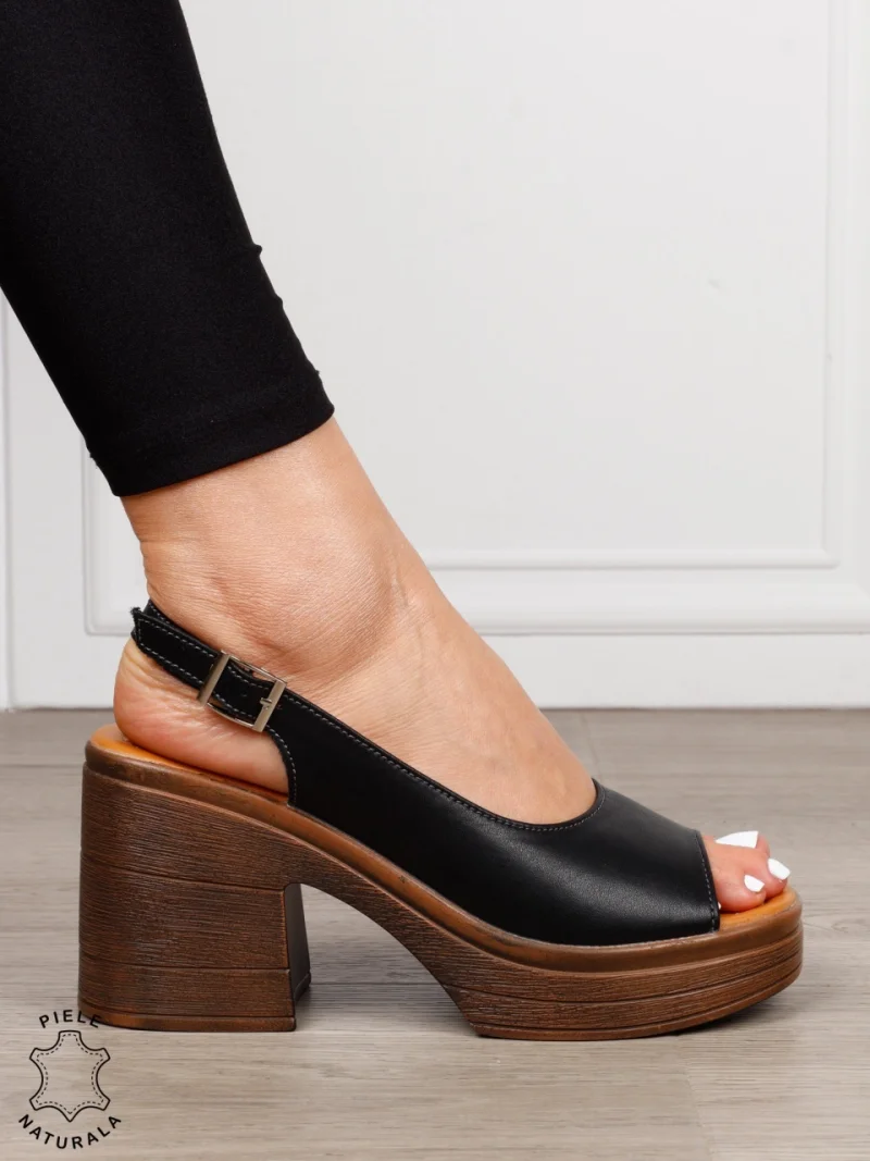 Sandale dama din Piele Naturala model clasic cu toc gros si inalt CRL1641 NEGRU