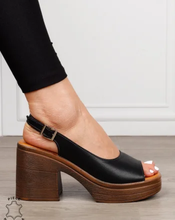 Sandale dama din Piele Naturala model clasic cu toc gros si inalt CRL1641 NEGRU