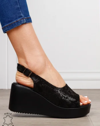 Sandale damă din piele naturală talpa tip platorma cu cataramă CRL1644 ALL BLACK