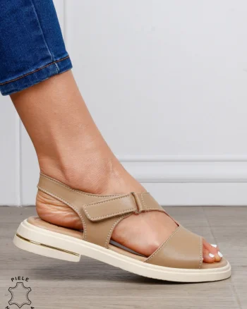Sandale damă din piele naturală model casual cu talpă joasă și design modern CRL1646 KHAKI