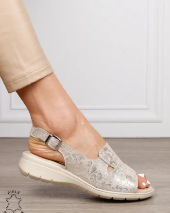 Sandale damă din piele naturală model modern cu imprimeu CRL1658 BEJ
